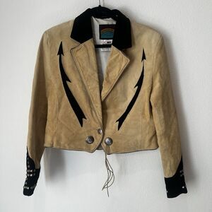 Vintage Pioneer Wear Leather Suede Fringe Jacket Cowgirl Indian Crop Sz L Studde